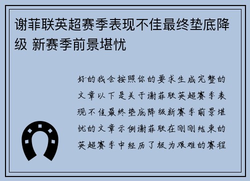 谢菲联英超赛季表现不佳最终垫底降级 新赛季前景堪忧 谢菲联英超赛季表现不佳最终垫底降级 新赛季前景堪忧
