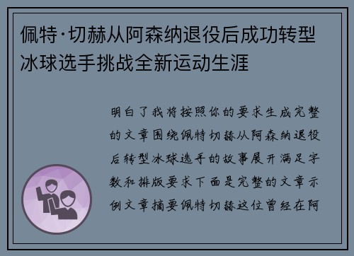 佩特·切赫从阿森纳退役后成功转型冰球选手挑战全新运动生涯